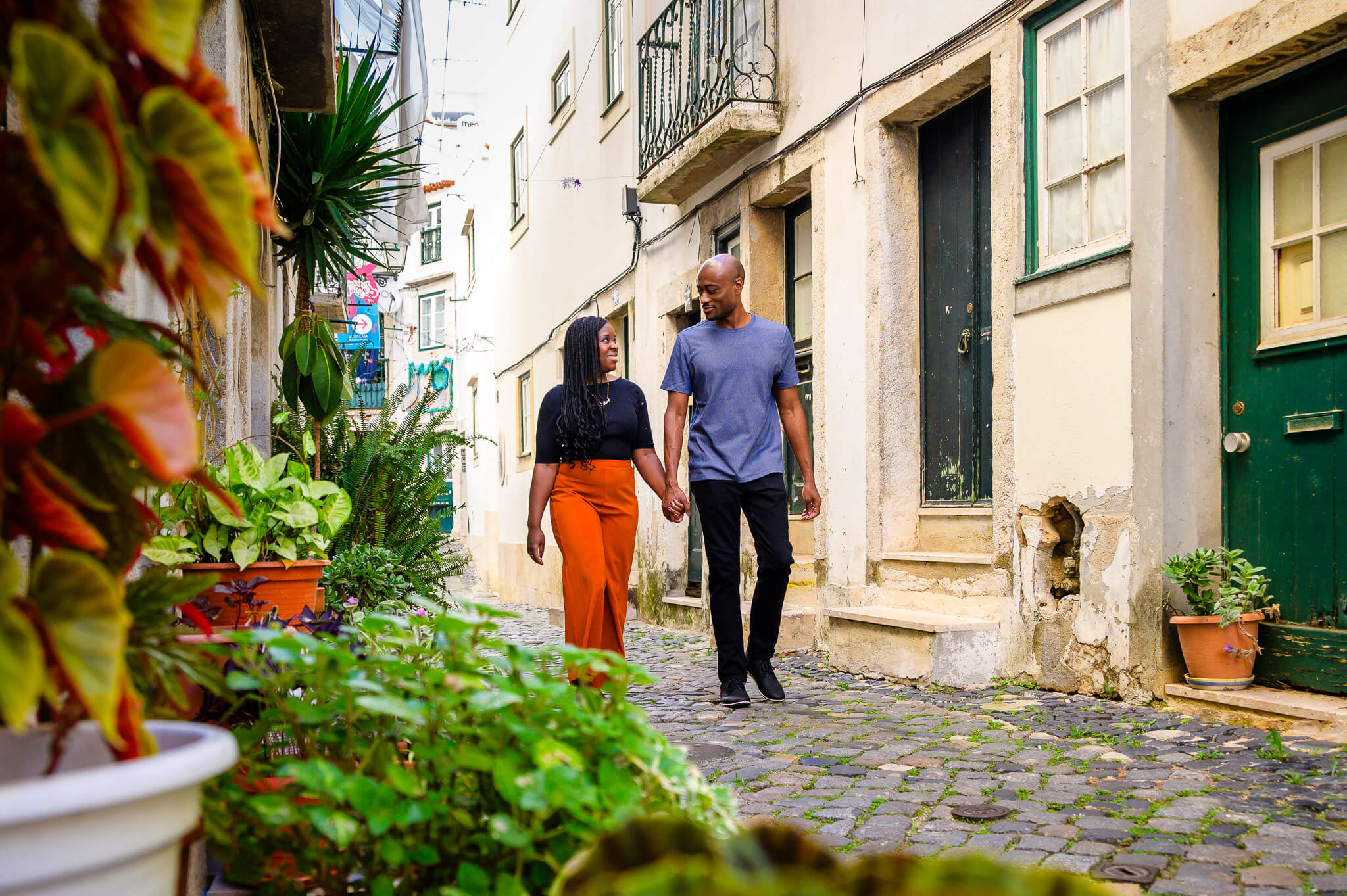 couple walking around Lisbon